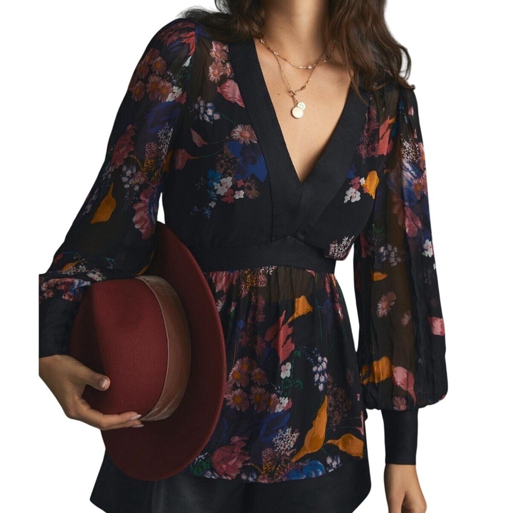 Maeve Anthropologie Floral Print Sheer Peplum Blouse Top Bohemian Elegant Size 4